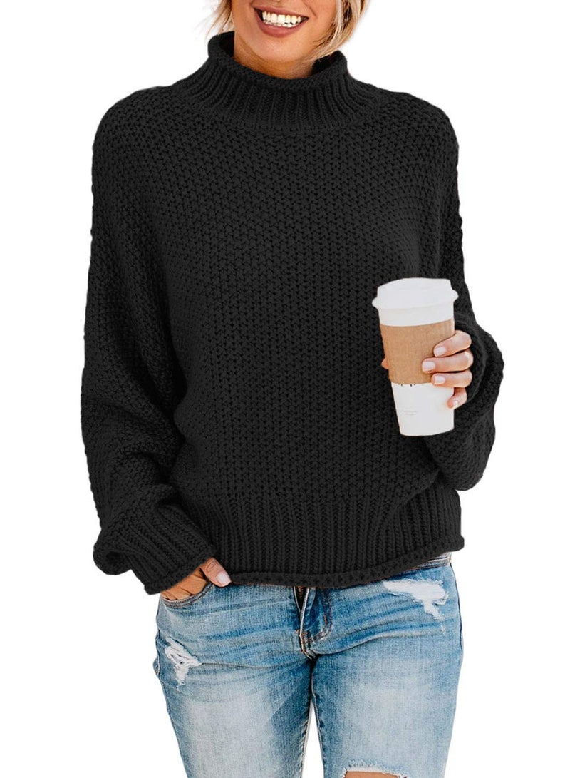 Dokotoo Womens Turtleneck Sweaters Batwing Long Sleeve Fall Clothes for Women 2025 Solid Casual Winter Outifits Loose Oversized Sweater Chunky Knit Christmas Sweaters Jumper Black Blouses X-Large - Image 1
